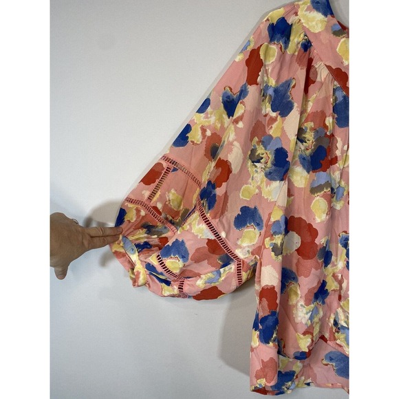 Shargano Womens MEDIUM Colorful Abstract Balloon Sleeves V Neck Button Up Blouse - Picture 5 of 11